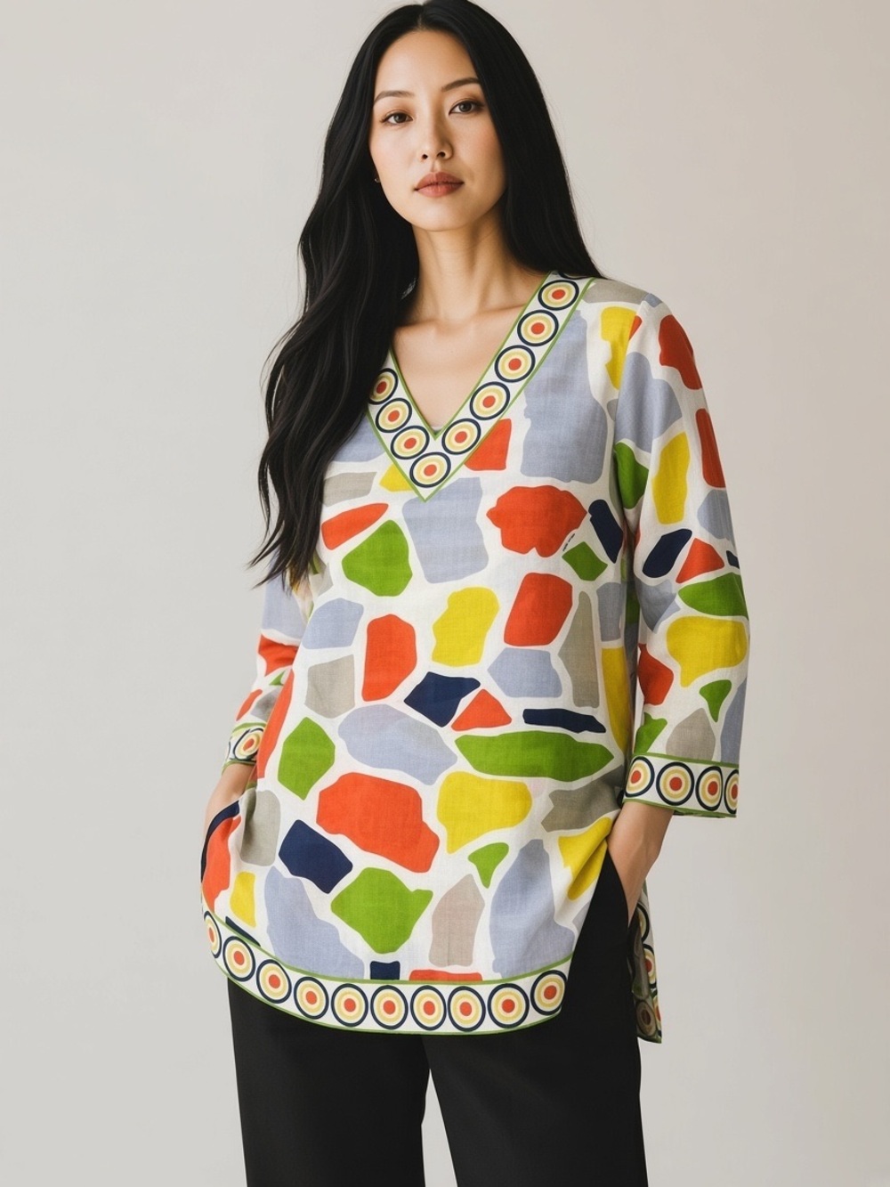 Gretchen Scott V Neck Tunic Top Sz M Geometric Colorful Artsy Maximalist